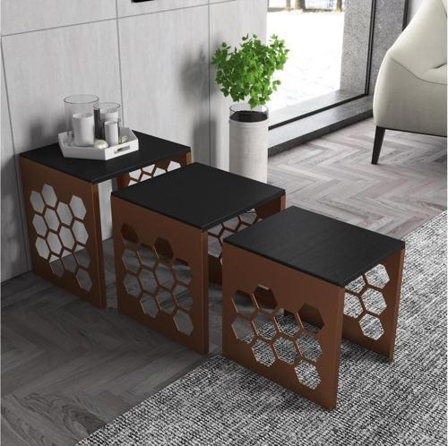 Deniz Altıgen Desen Premium Metal Ferforje Bakır Zigon Sehpa - Wood Siyah / Bakır