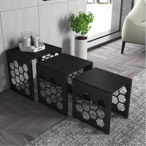 Deniz Altıgen Desen Premium Metal Ferforje Zigon Sehpa - Wood Siyah / Siyah