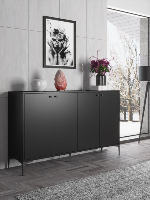 Hestia Premium 4 Kapaklı Metal Ayaklı 160 Cm Çok Amaçlı Dolap Konsol - Siyah / Siyah