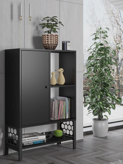 Lara Premium Desenli Metal Ayaklı Dolaplı Vitrin - Konsol - Siyah / Siyah
