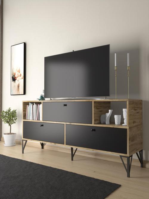 Mia 160 Cm Metal Ayaklı Tv Ünitesi - Konsol - Atlantik Çam - Siyah / Siyah
