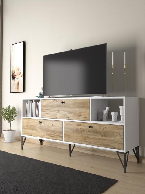 Mia 160 Cm Metal Ayaklı Tv Ünitesi - Konsol - Beyaz - Atlantik Çam / Siyah