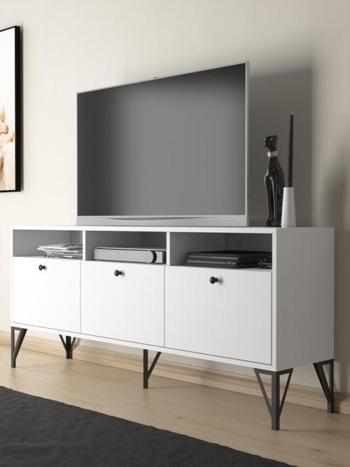 Rhea 160 Cm Dolaplı, Minifiks Bağlantı, Geniş Tv Ünitesi - Konsol - Beyaz / Siyah