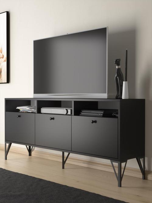 Rhea 160 Cm Dolaplı, Minifiks Bağlantı, Geniş Tv Ünitesi - Konsol - Siyah / Siyah