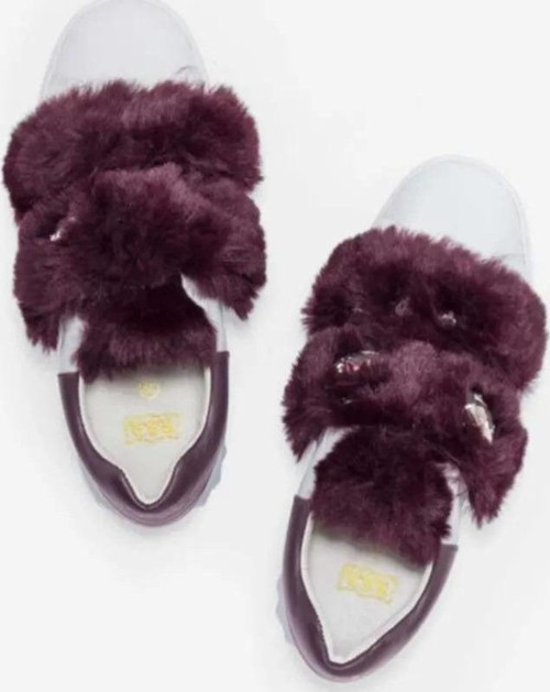 Panda Beyaz Deri Bordo Kürk Detaylı Sneaker Kadın Ayakkabı