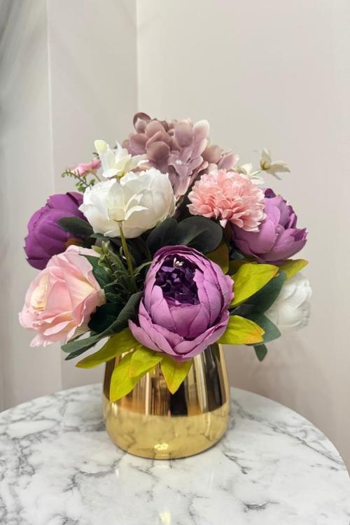 Yapay Çiçek Aranjmanı Gold Metal Vazoda Şakayık Gül Ve Krizantem Salon Çiçeği