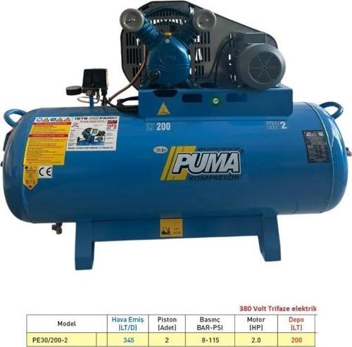 200 Lt Hava Kompresörü 3 Hp 2 Piston 380 Volt Döküm Kafa Yağlı