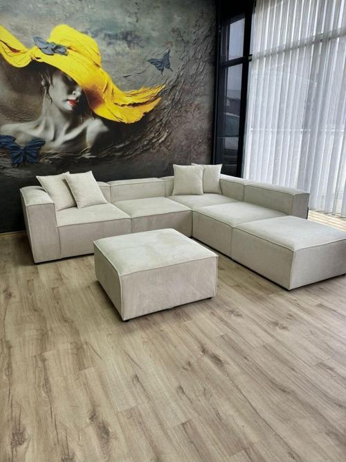 Angelo 4 Modül + 2 Puf Köşe Koltuk Takımı (6 Modül) Babyface Kumaş Beyaz