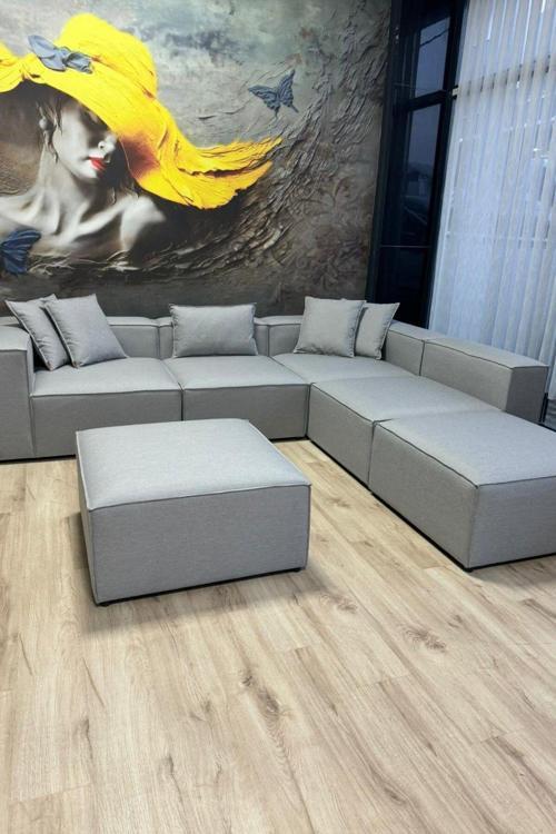 Angelo 4 Modül + 2 Puf Köşe Koltuk Takımı (6 Modül) Keten Kumaş Gri