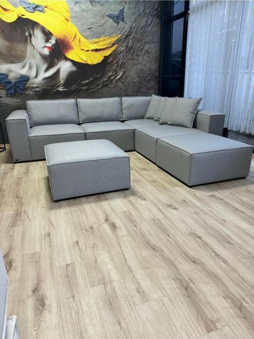 Angelo 4 Modül + 2 Puf Köşe Koltuk Takımı (6 Modül) Keten Kumaş Gri Sırt Minderli