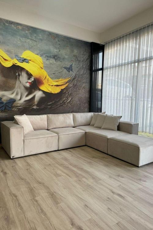 Angelo 4 Modül + 1 Puf Köşe Koltuk Takımı (5 Modül) Kadife Kumaş Sırt Minderli