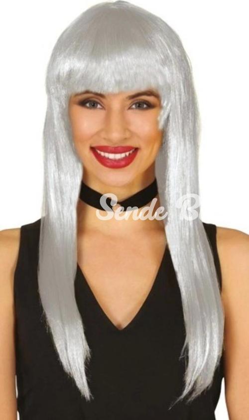 Platin Gri Gümüş Renk Uzun Parti Peruğu Uzun Takma Peruk