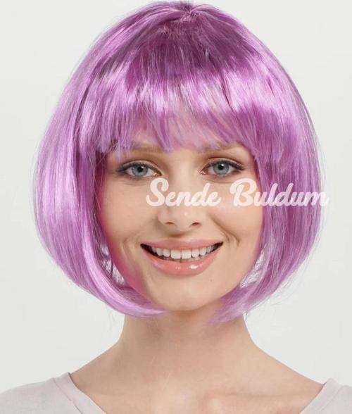 Rose Pembe Renk Düz Kesim Küt Parti Peruğu Kısa Takma Saç