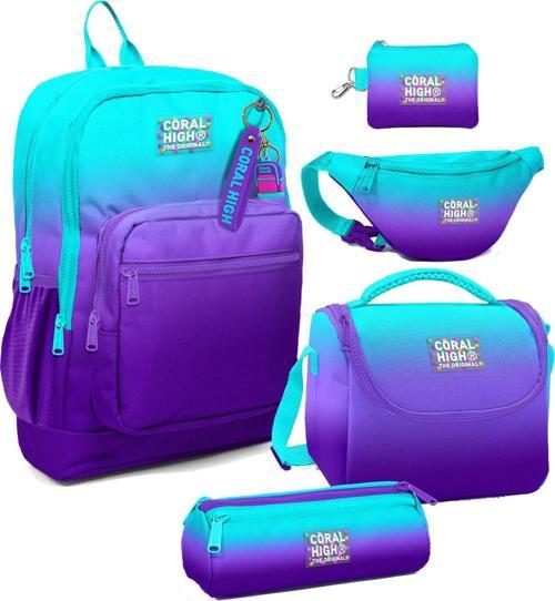 Erkek Çocuk Turkuaz Mor Renk Geçişli Desenli Beşli İlkokul Okul Çanta Seti