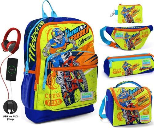 Sarı Mavi Motorsiklet USB Soketli Beşli Okul Çantası Seti - Erkek Çocuk