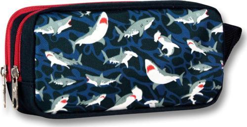İki Bölmeli Erkek Köpek Balığı Baskılı Kalem Çantası - Mavi-Kırmızı