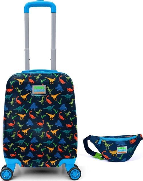 Mavi Dinazor Desenli Erkek Çocuklar İçin Tatil Seyahat Valiz Seti