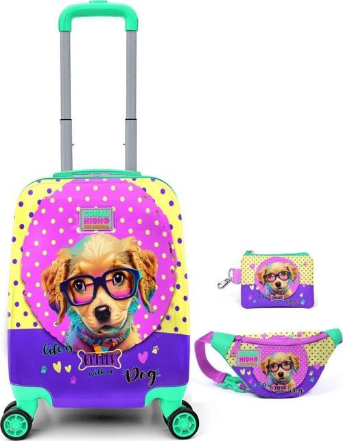 Kız Çocuk Sarı Pembe Köpek Desenli Valiz Bel Çantası ve Bozuk Para Çantası Seti
