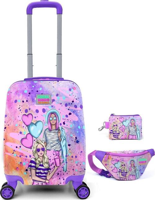 Pembe Fashion Baskılı Kız Çocuk Seyahat Valiz Bel Çantası ve Bozuk Para Cüzdan Seti 16773