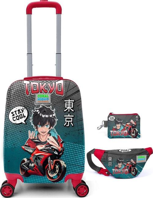Yeşil Kırmızı Tokyo Desenli Erkek Çocuk Valiz Seti
