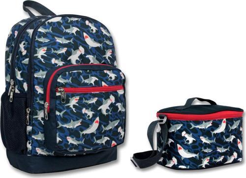Dört Bölmeli Lacivert Kırmızı Köpekbalığı İlkokul Sırt Çantası ve Beslenme Seti - Erkek Çocuk