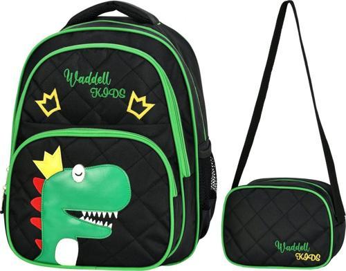 Waddell Siyah Yeşil Dinazor Baskılı İlkokul Çantası - Waddell Bag Okul Çanta Seti - Kız Çocuk