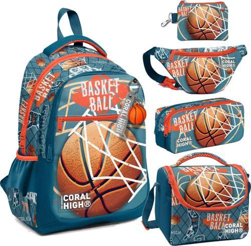Nefti Turuncu Basketbol Desenli Erkek Çocuk Beşli Okul Çanta Seti - İlkokul İçin Uygun