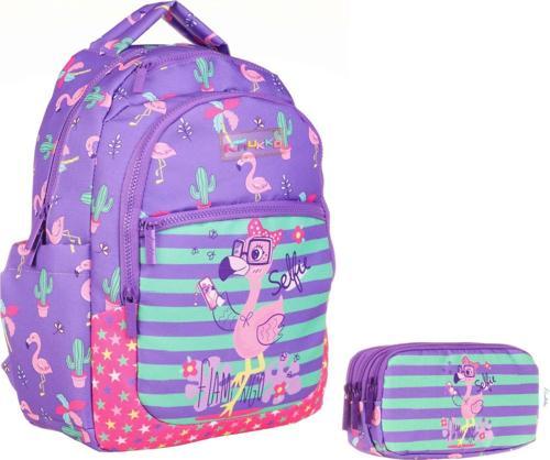 Mor Pembe Flamingo Okul Sırt Çantası ve Kalemlik Seti - Kız Çocuk