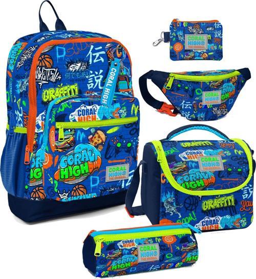 Erkek Çocuk Saks Grafiti Desenli Beşli İlkokul Okul Çanta Seti