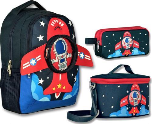 3D Astronot Baskılı ve Kanatlı Okul Çantası Beslenme Çantası ve Kalem Çantası Seti - Lacivert - Erkek Çocuk