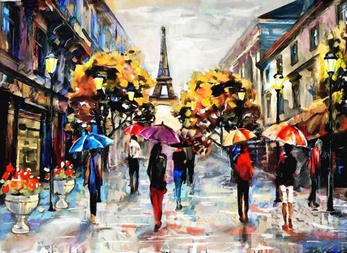 1000 Parça Yağmurlu Havada Eyfel Sokakları Puzzle - Yağlıboya