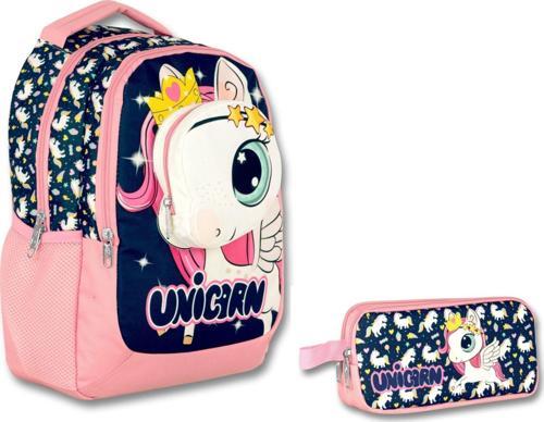 3 Boyutlu Kız Çocuk Lacivert-Pembe Unicorn İlkokul Çantası ve Kalemlik Seti