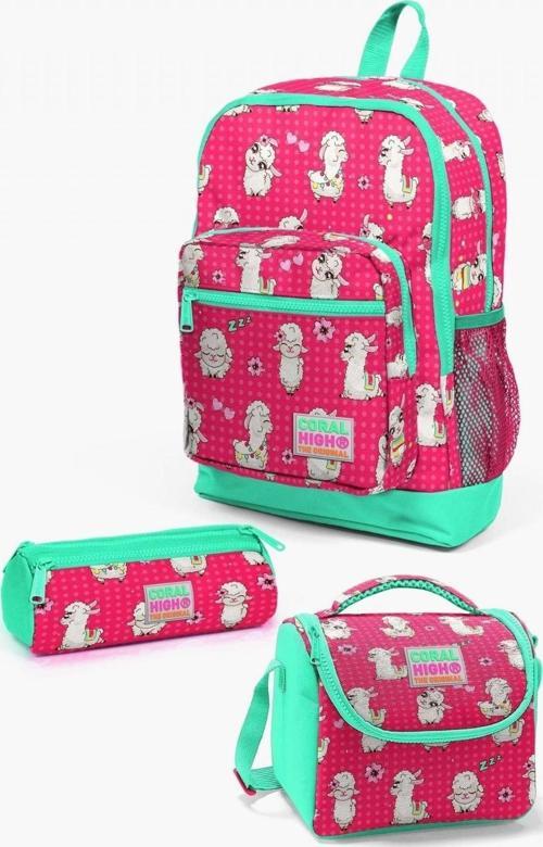 Kids Neon Mercan Su Yeşili Alpaka Desenli 3’lü Okul Çanta Seti