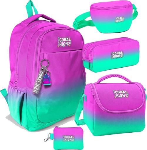 Pembe Su Yeşili Renk Geçişli Desenli Kız Çocuk Beşli Okul Çanta Seti - İlkokul ve Ortaokul İçin Uygun