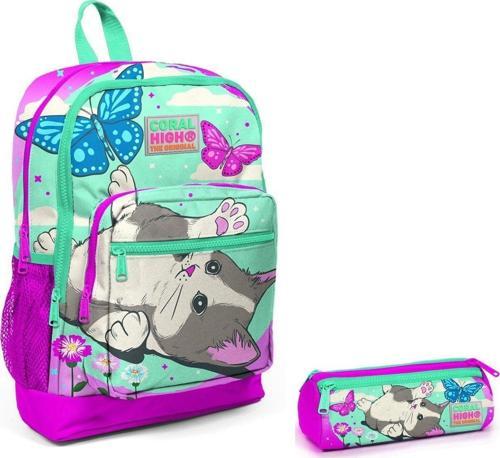 İlkokul Sırt Çantası ve Kalemlik Seti - Sevimli Kedi ve Kelebek