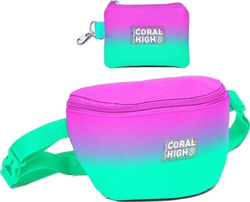 Kız Çocuk Pembe Su Yeşili Renk Geçişli Desenli Bel Çantası ve Bozuk Para Cüzdanı Set