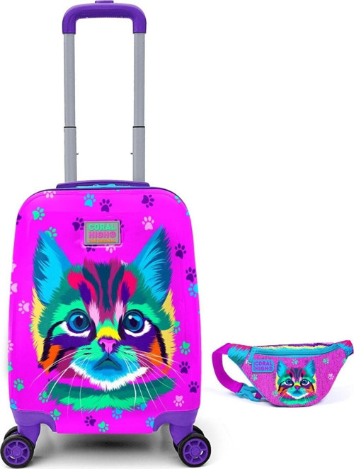 Pembe Kedi Desenli Kız Çocuk Valizi ve Bel Çantası Seti