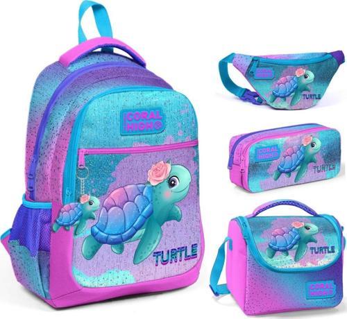 Pembe Mavi Kaplumbağa Üçlü Okul Çantası ve Bel Çantası Seti - Kız Çocuk