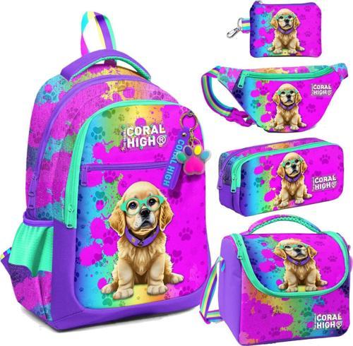 Mor Pembe Köpek Desenli Kız Çocuk Beşli Okul Çanta Seti - İlkokul İçin Uygun