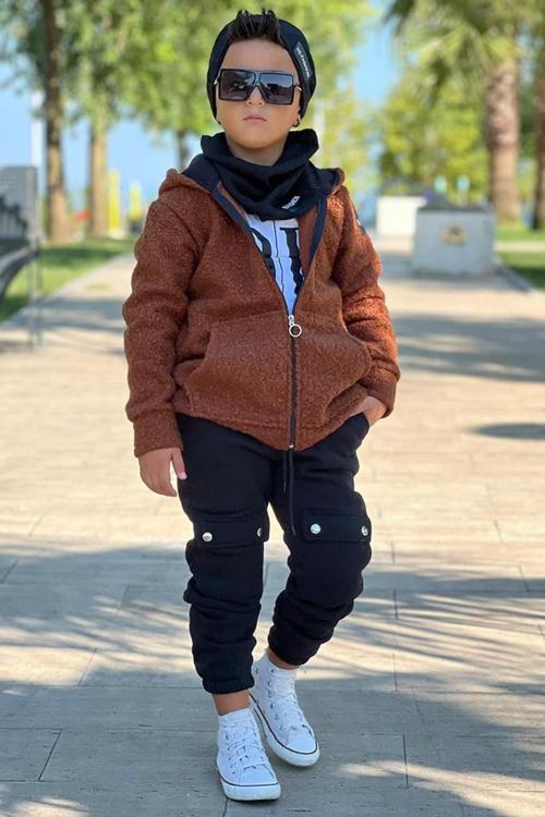 Erkek Çocuk OK Yazı Baskılı Kazak Kahverengi Peluş Yünlü Ceket Penye Alt Eşofman Takım