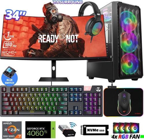 Delux X115 Ryzen 7 5700X 32GB Ram 512GB M.2 NVMe SSD 8GB RTX4060 Ti 34" 180Hz Curved Oyuncu Bilgisayarı