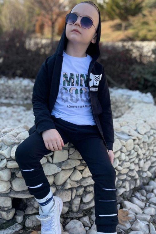 Erkek Çocuk Mını Cool Yazı Baskılı Tişört, Kapüşonlu Siyah Eşofman Takım