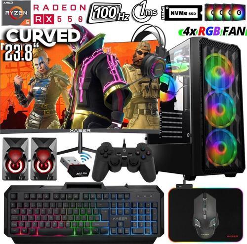 Xsr1030 Ryzen 5 3600 32GB Ram 512GB M.2 NVMe SSD 4GB RX550 23.8" 100Hz Curved Oyuncu Masaüstü Bilgisayarı