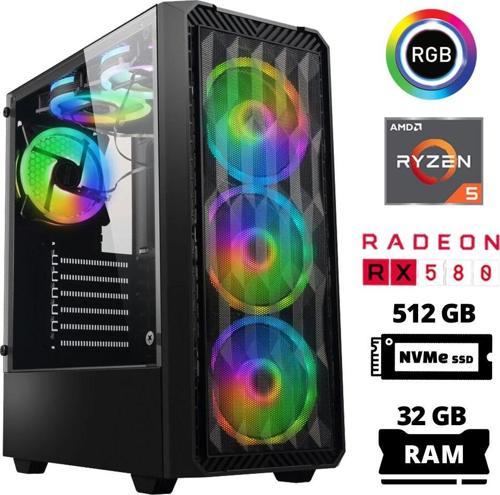 Xsr1034 Ryzen 5 3600 32GB Ram 512GB M.2 NVMe SSD 8GB RX580 Oyuncu Masaüstü Bilgisayarı