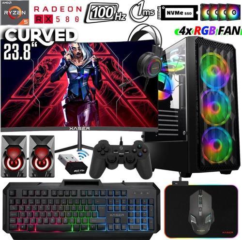Xsr1037 Ryzen 5 3600 16GB Ram 512GB M.2 NVMe SSD 8GB RX580 23.8" 100Hz Curved Oyuncu Masaüstü Bilgisayarı