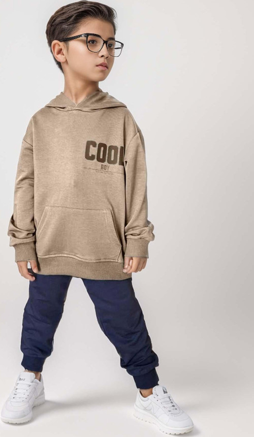 Erkek Çocuk Cool Boy Çift Baskılı Cepli Kapüşonlu Bej Sweatshirt Eşofman Takım