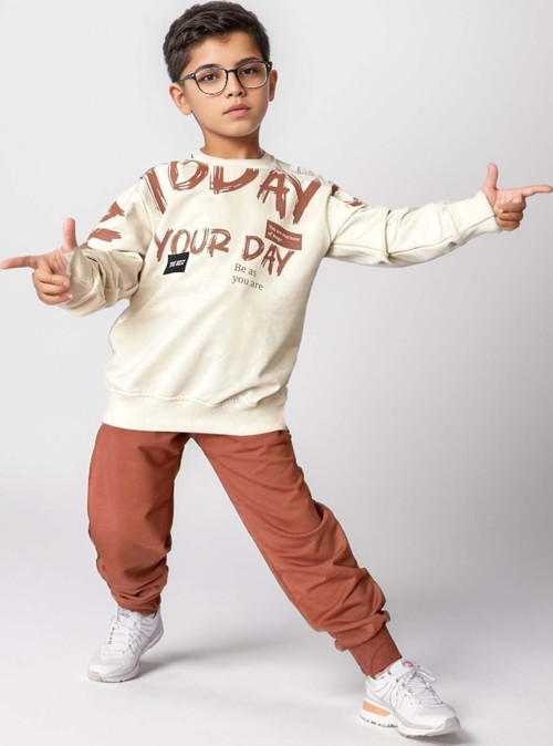 Erkek Çocuk Your Day Fırça Yazı Baskılı Sweatshirt Kiremit Eşofman Takım