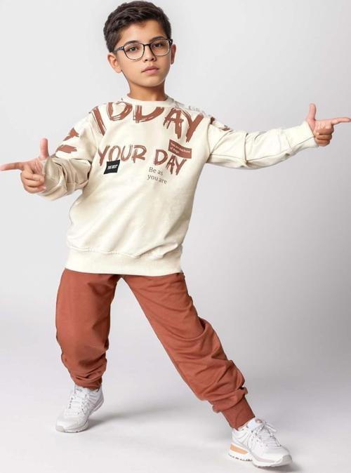Erkek Çocuk Your Day Fırça Yazı Baskılı Sweatshirt Kiremit Eşofman Takım