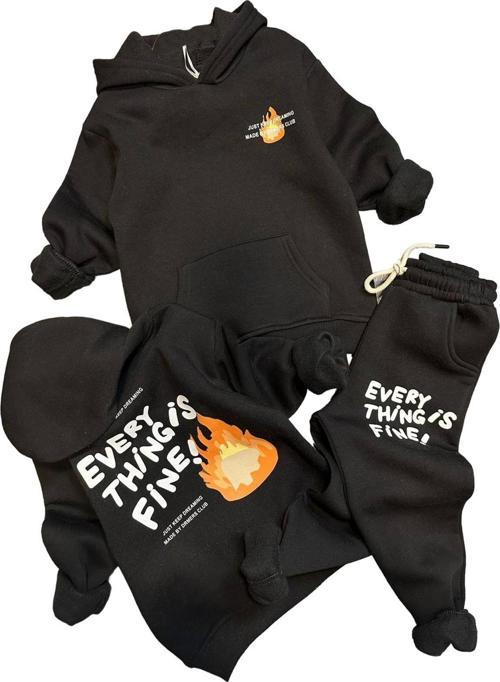 Erkek Çocuk Alev ve Yazı Baskılı Çift Tarafbaskı Sweatshirt Penye Siyah Eşofman Takım