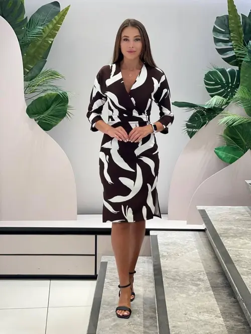 Kadın Desenli Truvakar Kol Trend Şık Yeni Midi Boy Elbise